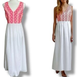 Vineyard Vines Embroidered Bodice Maxi Dress White Pink Boho V Neck Sz 0